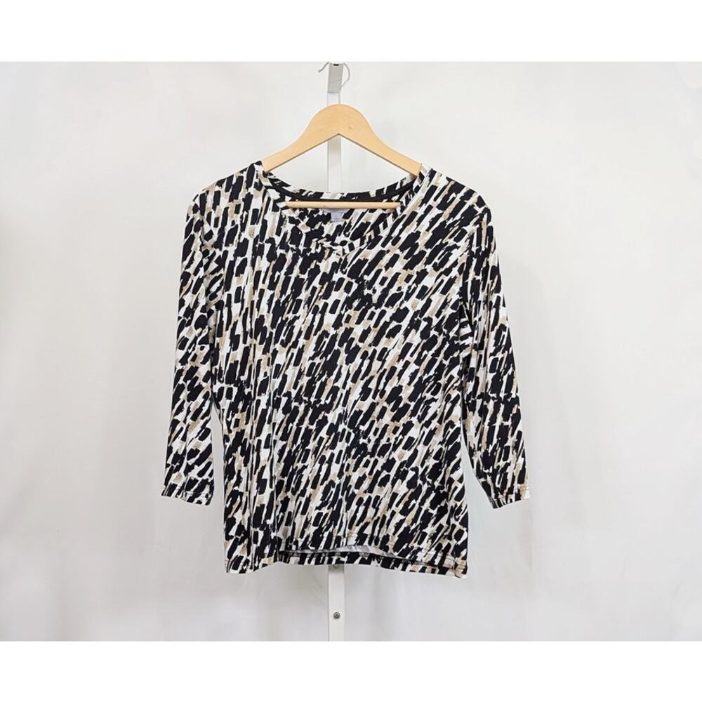 Amber Sun Top Black Tan White Print V-Neck Misses Size L